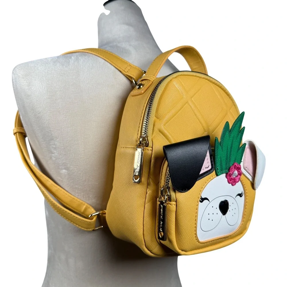 Betsey Johnson Yellow French Bulldog Pineapple Mini Backpack Quilted Tropical